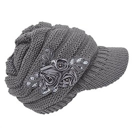 C.C-US Women Winter Warm Cable Knit Hat Crochet Visor Brim Cap with Flower Accent Grey
