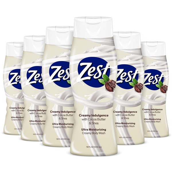 Zest Cocoa Butter and Shea Body Wash - 6 Pack x 18 Fl Oz - Enriched with Cocoa Butter and Shea – for an Ultra Moisturizing Shower - Leaves Your Skin Feeling Silky Smooth and Deeply Moisturized