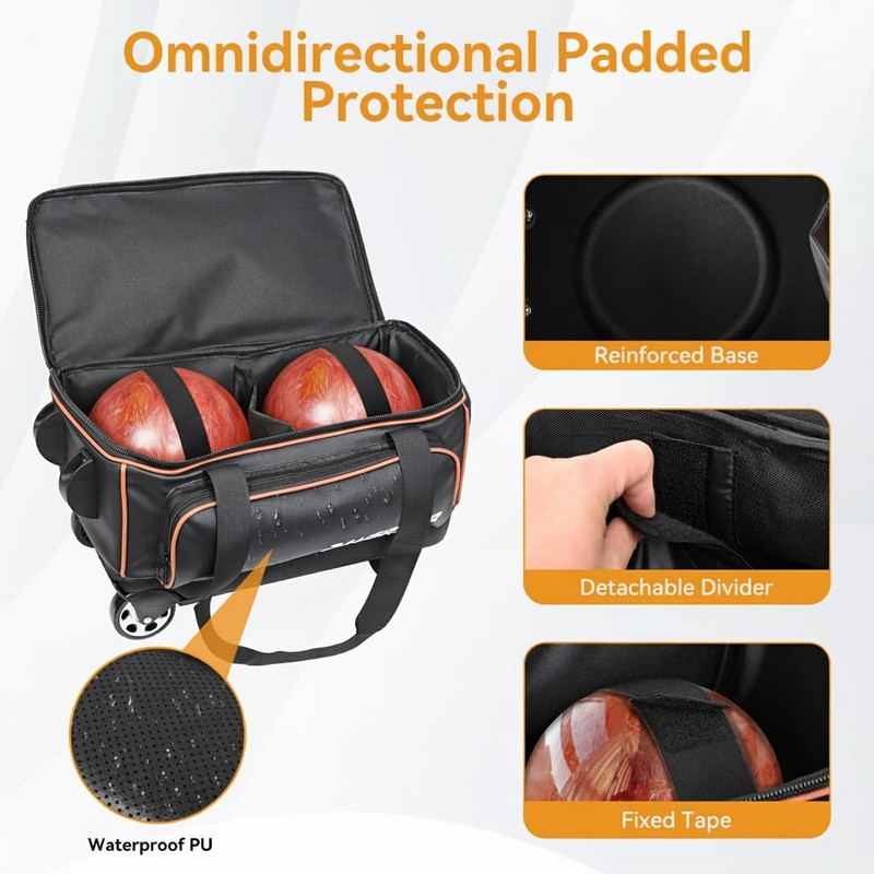 2 Bowling ball Bag with Wheels & Shoe Compartment Fits