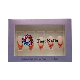Fast Nails Press On Nails- 24 Pieces Artistic Orange Swirl Ombre French Nails Medium Almond with Marble Design Reusable Nail Kit with Adhesive Tabs