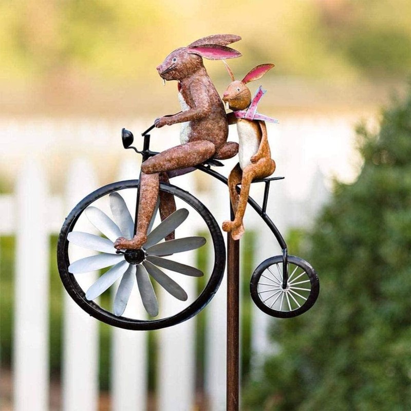 Metal Windmill Handmade Bike Frog Cat Bunny Mantis Sculpture for