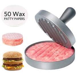 Asdirne Burger Press, Food Grade Stainless Steel Burger Maker with ABS Handle, Non-Stick Hamburger Press, 11.5 cm, 50 Sheets of Patty Papers Included