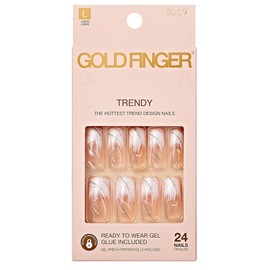 Gold Finger Full Cover White French Design Press on Nails Ready to Wear Gel Manicure Long Nails, Salon Result, Long lasting Durable, MIni Glue Included