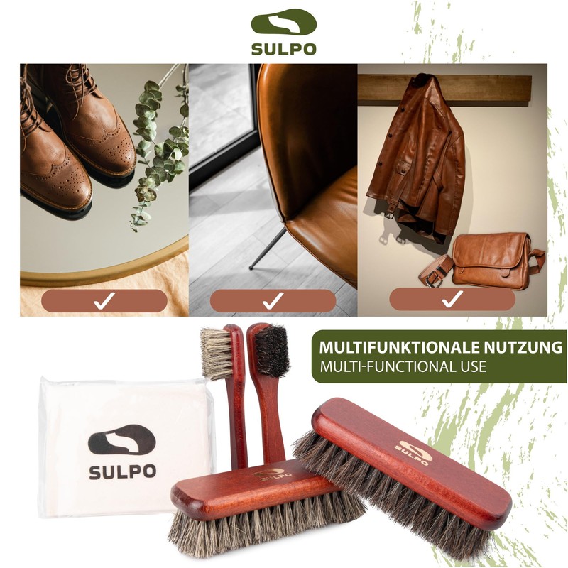 SULPO Schuhbürsten Set - weiche Rosshaar Schuhbürste, hochwertige Schuhpflege mit