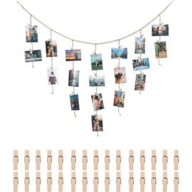 Boho Hanging Photo Display with 30 Clips Wooden Beads, Collage Hanging Picture Frames with String, Photo Garland Wall Decor for Bedroom Living Room Dorm Art Teenager Girl