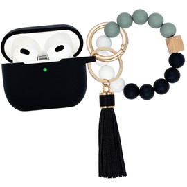 Koujaon Compatible with AirPods 3 Case Cover Soft Silicone Skin Case for AirPods 3rd Generation with Bracelet Keychain for Women (Black)