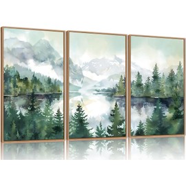 TOARTi Watercolor Mountain Framed Canvas Wall Art Set,Boho Forest Wall Decor,Nature Green Pines Wall Painting,Forest Wilderness Artwork for Living Room,Bedroom,Dining Room,Office 12x16inchx3pcs