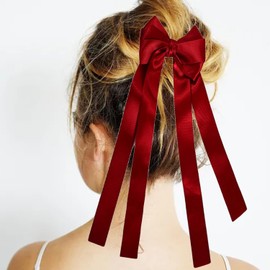 2Pcs Ribbon Hair Bows for Women,Tassel Ribbon Bowknot Hair Clips With Long Tail,Satin Bowknot Hair Barrettes,Slides Metal Clips Hair Bow for Women ﻿ (Red, One size)