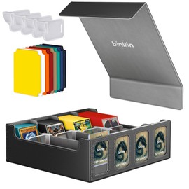 binirin Trading Card Storage Box for Commander Display, 3000+ MTG Deck Box with 4 Toploaders & Card Supporters, PU Leather Card Deck Case Fits MTG Yugioh TCG Magic Game & Sports Cards (Black&Grey)