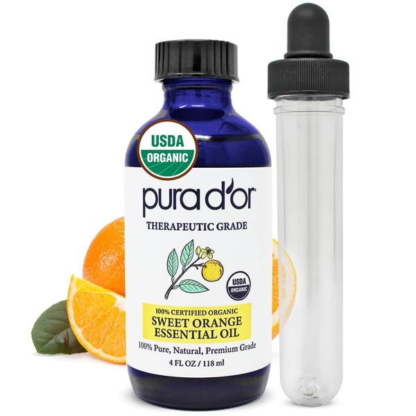 PURA D'OR Organic Sweet Orange Essential Oil (4oz with Glass Dropper) 100% Pure & Natural Therapeutic Grade for Hair, Body, Skin, Scalp, Aromatherapy Diffuser, Energy, Mood, Vitality, Cleansing, Home