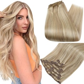 Full Shine Hair Extensions Clip in Hair Extensions for Women Couture Human Hair Extensions Color #16/22 Real Hair Extensions 7 Pieces 24 Inch