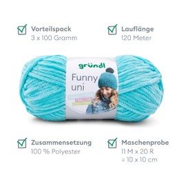 Gründl Funny Plain Soft Chneille Yarn for Knitting and Crocheting 100% Polyester 2 Balls (100 g/120 m, Needle Size: 5-6), Turquoise