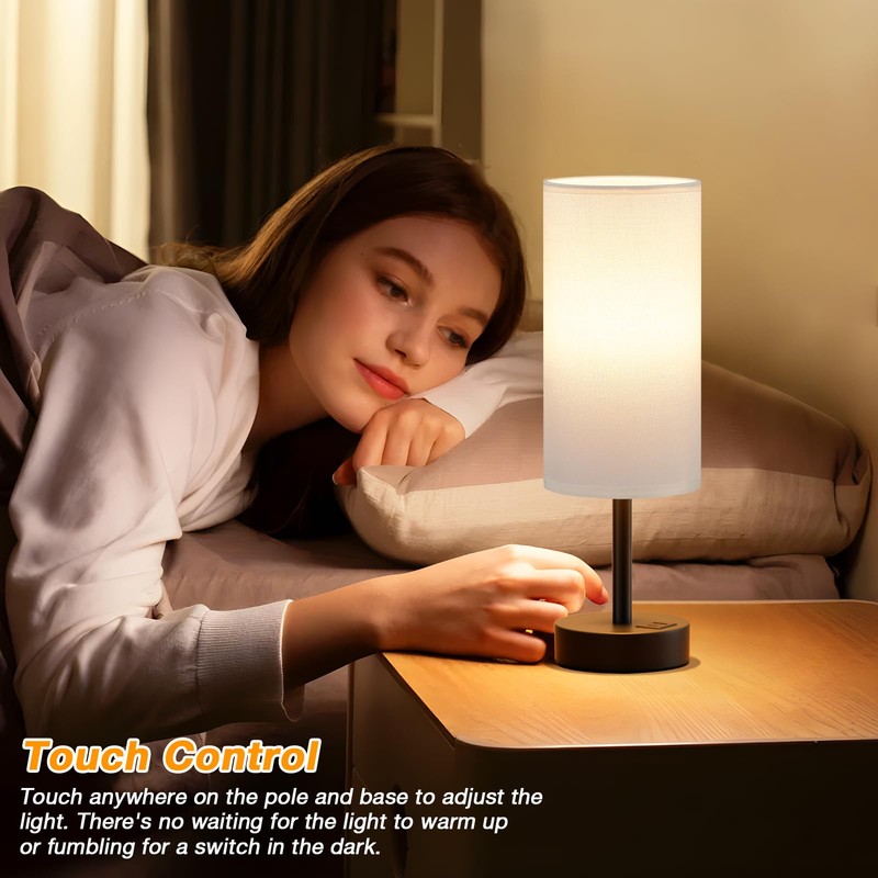 White Touch Table Lamp with USB - 3 Way Dimmable