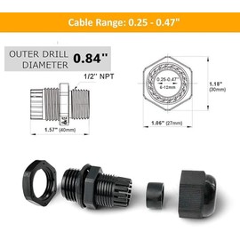 20 PCS 1/2" NPT Nylon Cable Gland Joints with Gaskets, IP68 Adjustable Lock Nut Strain Relief Cord Grip Waterproof Cable Glands
