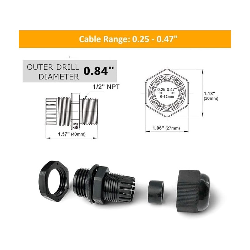 20 PCS 1/2" NPT Nylon Cable Gland Joints with Gaskets,