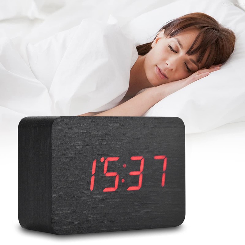 LED Wooden Alarm Clock, Alarm Function/Voice Control and Continuous Light