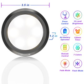 LOINSGLIM LED Puck Lights with Remote, 7 Colors Under Cabinet Lighting Wireless, Battery Operated RGB Dimmable Push Lights for Closet, Kitchen, Under Counter, Bar Display Shelf (1 Pack)