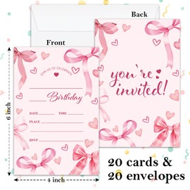 BSNZZIO Pink Bow Birthday Invitation Cards, Girl Pink Birthday Invite For Girls Women, 20 Double-Sided Fill in Invitations With Envelopes Celebration Party Supplies -4614