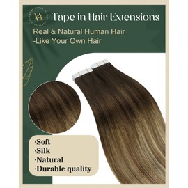 Ugeat Tape in Hair Extensions Human Hair 20 Inch Dark Brown Real Human Hair Tape in for Women Balayage Medium Brown with Light Blonde 50G 20Pcs #4/6/613