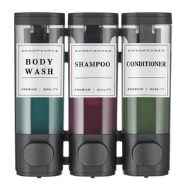 Shampoo and Conditioner Dispenser Shower Dispenser Body Wash Wall Mounted Shampoo Dispenser for Shower Wall No Drill for Bathroom Hotel 3 Chamber x 300ml Black with Waterproof Labels