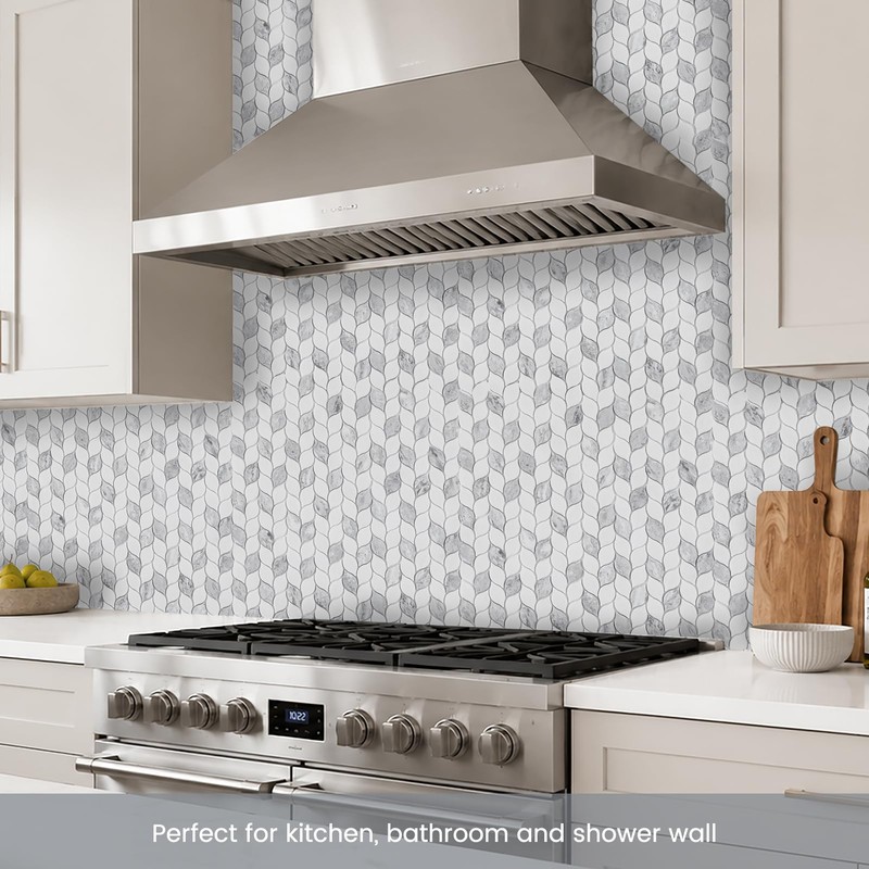 Glass Mosaic Tile Backsplash Leaf-Shape Marble Look