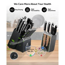 Knife Set, Kitchen Knife Block Sets with Sharpener, 6 Steak Knife Set Serrated with Block, 15 PCS Forged German Stainless Steel Rust Proof Knives, Dishwasher Safe Black, New Beveled Design