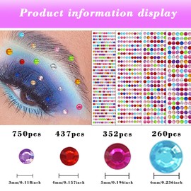 1799 Pcs 4 Sheets Rhinestone Stickers 3/4/5/6 mm Self Adhesive Rhinestones Gems for Face Eyes Makeup Hair Body (color-3/4/5/6mm)