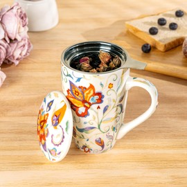 GBhome Tea Mug with Infuser and Lid, 18 Ounce Large Ceramic Loose Leaf Cup, Microwave, Dishwasher Safe, Perfect for Tea Lovers