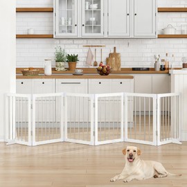 Foldable Wooden Dog Gates 126" Wide, 27.5" Tall Freestanding Pet Gate Dog Fence No-Installation Puppy Safety Fence Extra Wide Puppy Barrier for Doorways,Stairs, or Hallways-6 Panel，White