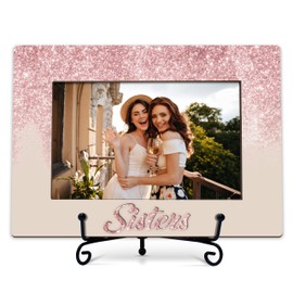 BXVRT Sister Photo Frame Gifts, Long Distance Friendship Frames For Women, Pink Glitter Wooden Picture Frame With Stand, Birthday Graduation Christmas Gifts For Sisters Besties Friends -01