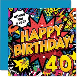40th Birthday Cards for Women Men - Comic Book Pow! - Happy Birthday Card for 40 Year Old Woman Man Neighbour Niece Brother Cousin, 145mm Bday Greeting Cards
