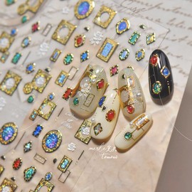 Gold Nail Art Stickers Gems Nail Stickers 5D Embossed Gemstone Nail Decals Self Adhesive Jewel Nail Art Supplies for Women Girls DIY Manicure Nail Art Decorations 1 Sheet