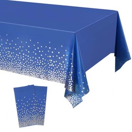 POPOYU 2Pcs Dark Blue Silver Dotted Confetti Party Table Cloth 54 * 108 inch Large Plastic Waterproof Table Cover Rectangular Tablecloth for Birthday,Baby Shower,Wedding,Picnic,Party Decoration