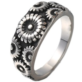 Jude Jewelers Stainless Steel Retro Vintage Sun Flower Floral Wedding Band Cocktail Party Holiday Ring (Silver Black, 8)