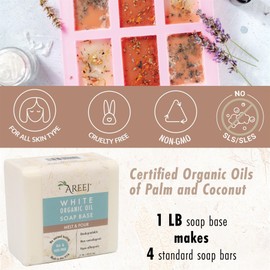 Areej White Organic Oil Soap Base - Melt & Pour Style - Hypoallergenic, Non-GMO, SLS-Free - 100% Natural Glycerin - Make Handmade, Natural Soaps from Safe Ingredients - 1LB Package