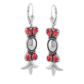 American West Jewelry Genuine Red Coral Sterling Silver Squash Blossom Lever Back Dangle Earrings
