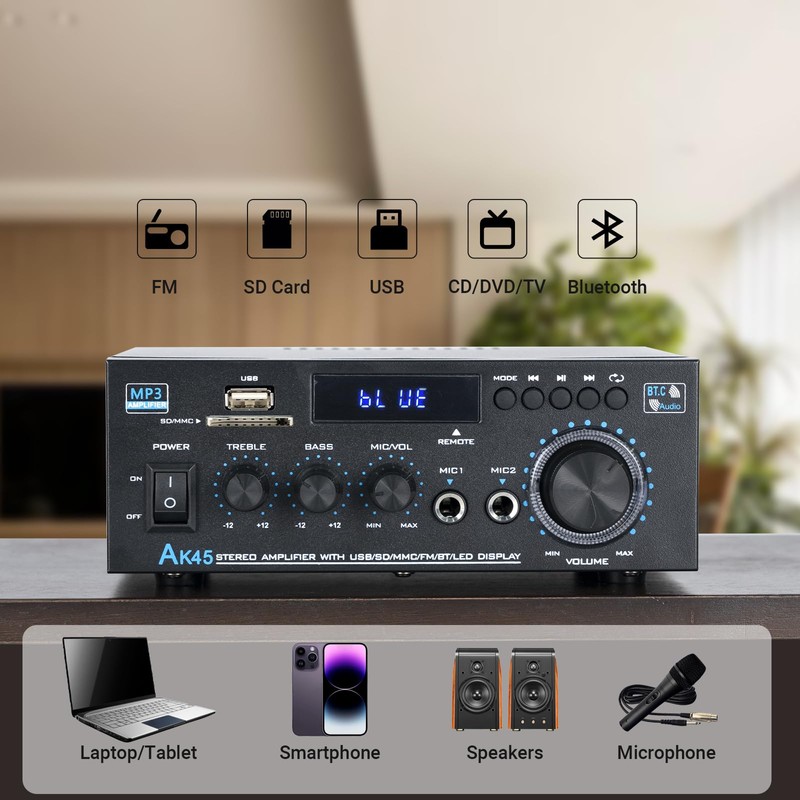 Bluetooth Stereo Amplifier Home Audio 300 Watts x2 Mini Speaker