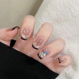 LIyun&Hang Press on Nails French With Black Tip Squoval Shapes 24Pcs Glossy Full Cover Artificial Fake Nails, Butterfly Pearl and Cat Eyes Design, Reusable Luxury jelly glue Stick On Nails(type-11)
