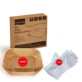 Mtiemxig Pack of 200 Airfryer Baking Paper 20 cm x 16 cm x 4.5 cm | 100 Heat-Resistant Gloves | Non-Stick Disposable Paper up to 220 °C | Universal for All Brands