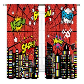 Superhero City Curtains for Boys Kids Teens, Red Spider Web Cityscape Buildings Cartoon Comic Blackout Window Curtains for Baby Room Bedroom Living Nursery 2 Panel Sets, 42"x45" Inch