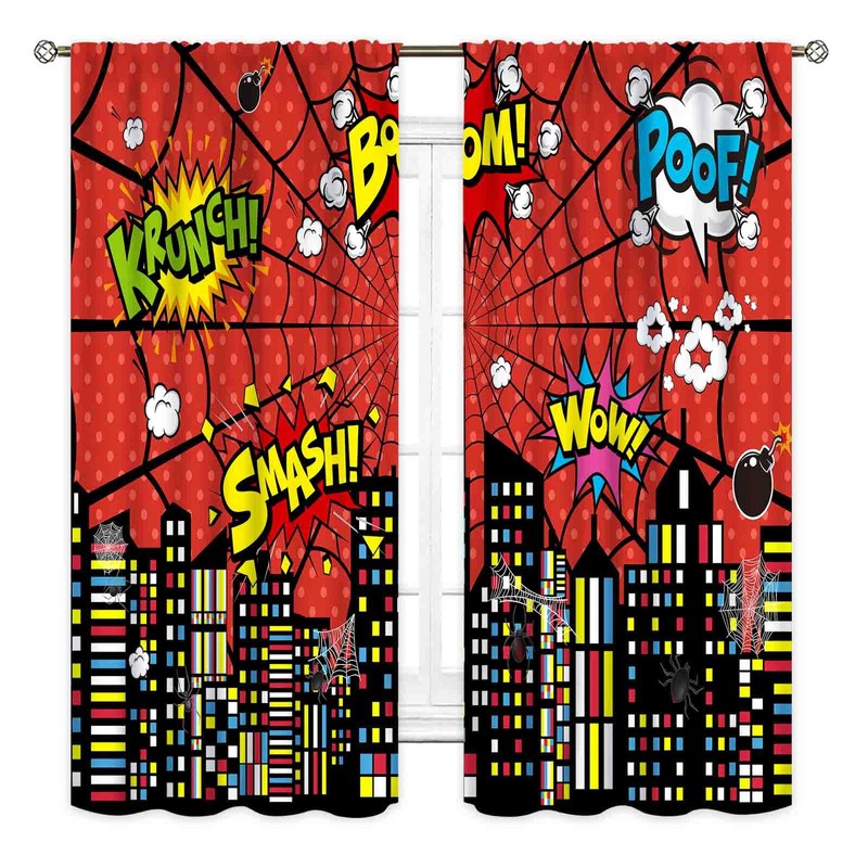 Superhero City Curtains for Boys Kids Teens, Red Spider Web