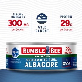 Bumble Bee Low Sodium Solid White Albacore Tuna in Water, 5 oz Can (Pack of 4) - Wild Caught Tuna - 29g Protein per Serving, High in Omega-3s - Non-GMO Project Verified, Gluten Free, Kosher