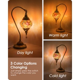 Yarra-Decor Turkish Moroccan Lamp with Bronze Base 3-Way Color Changing Handmade Swan Neck Tiffany Mosaic Glass Bedside Lamps for Bedroom (LED Bulb Included) (Red2)