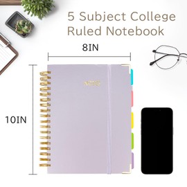 5 Subject College Ruled Notebook, 300 Pages Ink-Proof Paper, 8x10 Inch, Hardcover Spiral Bound with Dividers and Tabs, Ideal for School, College, Work, Students (Purple)
