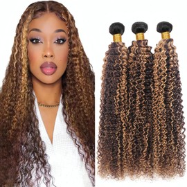 LOIUMGUU Honey Blonde Bundles T1BP4/27 Ombre Highlight Brown Kinky Curly Human Hair 24 26 28 Inch Black and Blonde Ombre Brown Kinky Curly Bundles Hair Extensions for Women