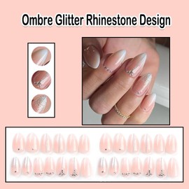 Gloss & Go 24 Reusable Artificial Fake Nail Set| Peach Color With Silver Zari And Rhinestone Design Almond Glossy Nails| Lightweight & Long Lasting| Quick Fix For Festivals & Special Occasions