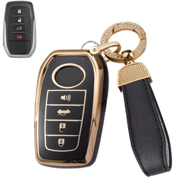 SANRILY Golden-Edge 4 Button Key Fob Cover for Toyota Corolla XE Tundra 2023 2022 2021 Venza 2019 Land Cruiser 2021 RAV4 Prime Hilux Keyless Key Case with Bling Keychain Black