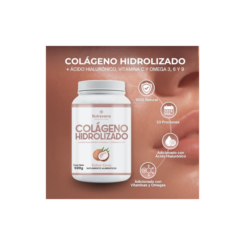 Nutresana Colágeno Hidrolizado Sabor Coco Ácido Hialurónico Vitaminas Omega Suplemento
