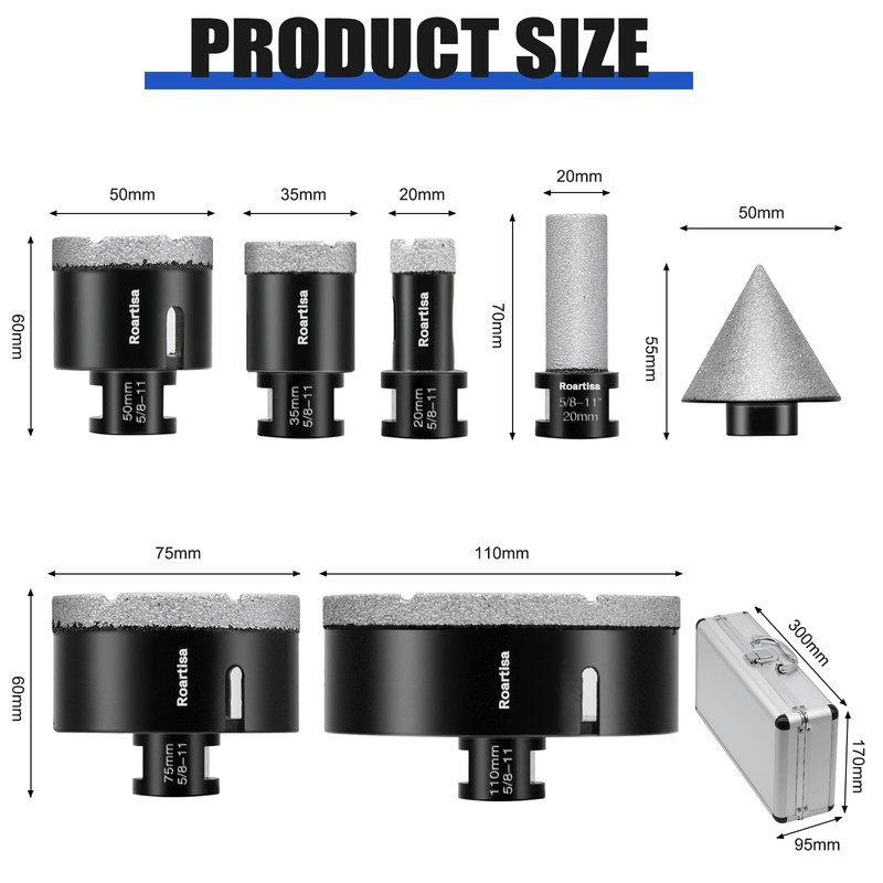 9Pcs Diamond Core Drill Bits Set 5/8"-11 Thread, Porcelain Ceramic