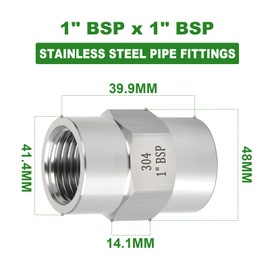 TAISHER 2 Pcs Forging of 304 Stainless Steel Pipe Fitting, Coupling, 1-Inch BSP Female Pipe x 1-Inch BSP Female Pipe, for Water Oill Air Gas